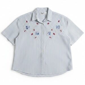Keneth Too! Blue White Striped‎ Embroidered Floral Button Down, Women's Medium